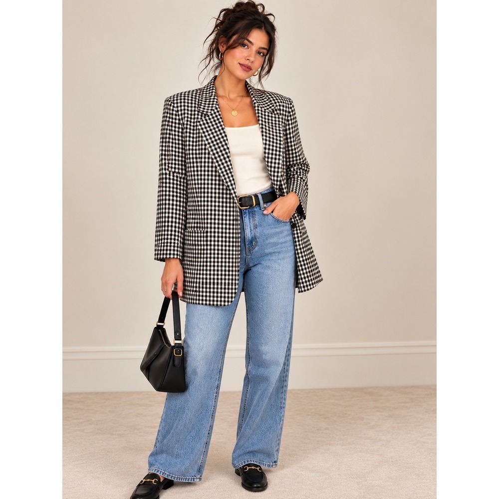 Preppy Heritage Equestrian Old Money Black White Gingham Oversized Blazer 12